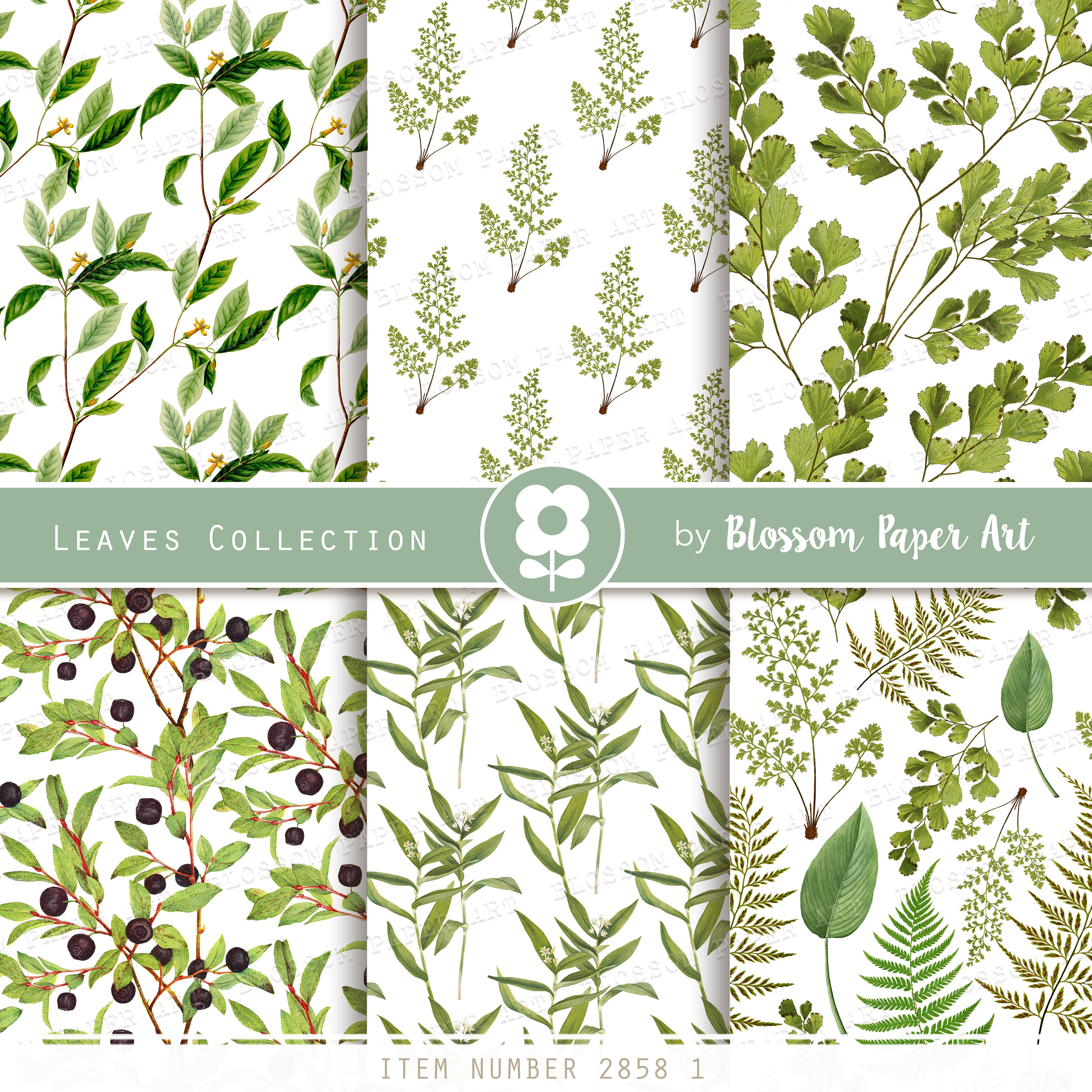 Leaves Digital Paper Leaves Scrapbook Collage Sheet Green Etsy