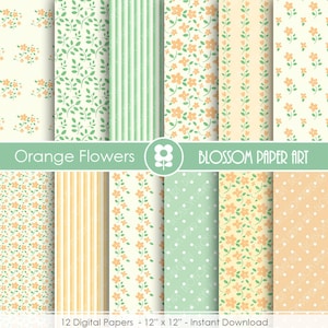 Digital Paper Peach Flowers Digital Scrapbooking Paper Pack, Orange & Green Floral Papers - INSTANT DOWNLOAD - 1764