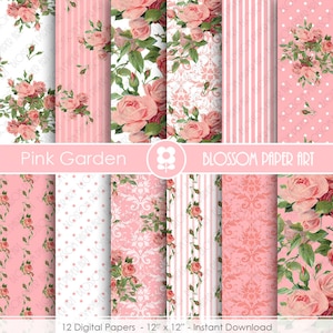 Pink Roses Digital Paper, Shabby Chic Pink Scrapbook Digital Paper Pack, Wedding Roses, Pink, Green INSTANT DOWNLOAD 1870 image 1
