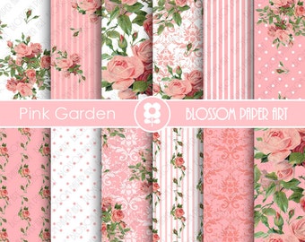 Pink Roses Digital Paper, Shabby Chic Pink Scrapbook Digital Paper Pack, Wedding Roses, Pink, Green - INSTANT DOWNLOAD  - 1870