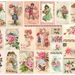 Pink Ephemera, carte postale vintage, Junk Journal Ephemera, téléchargement numérique, digital ephemera digital collage sheet 2900