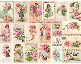 Pink Rose Ephemera: Vintage Postkartenvorlage (Digitaler Download)