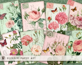 Shabby Roses Digital Collage Sheet: Vintage Cards for Scrapbooking (Digital Download)