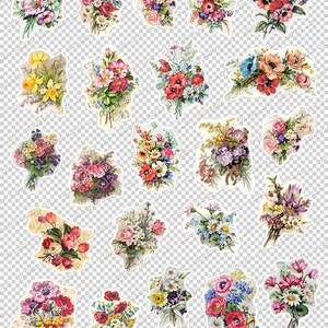 Pode incluir: Uma cole&ccedil;&atilde;o de 24 buqu&ecirc;s de flores vintage com v&aacute;rias cores e estilos, incluindo rosas, margaridas e l&iacute;rios. Os buqu&ecirc;s est&atilde;o dispostos em uma grade sobre um fundo branco.