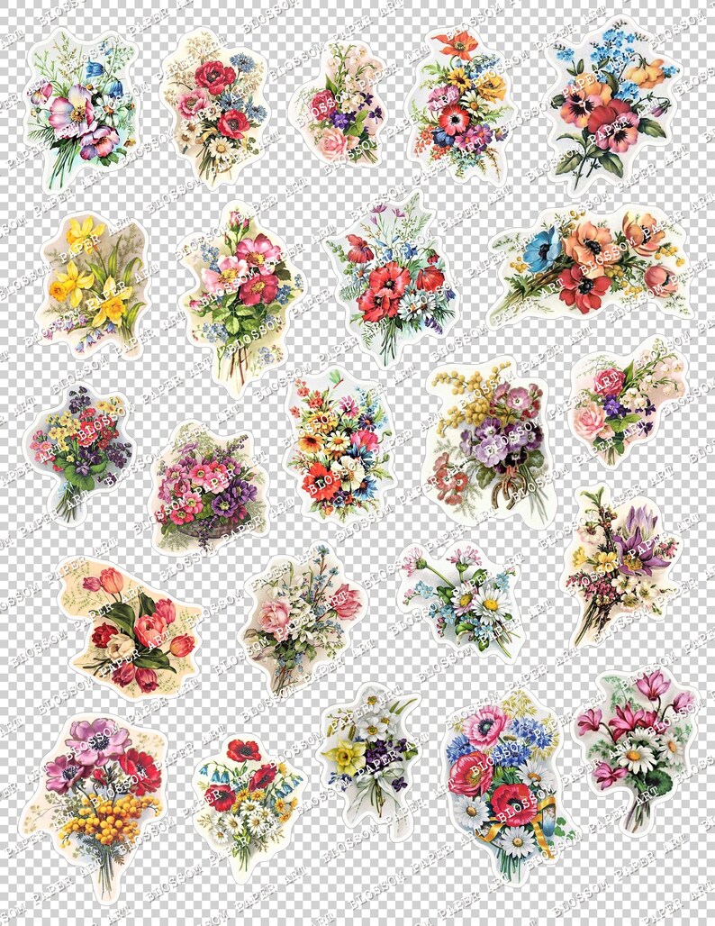 Pode incluir: Uma cole&ccedil;&atilde;o de 24 buqu&ecirc;s de flores vintage com v&aacute;rias cores e estilos, incluindo rosas, margaridas e l&iacute;rios. Os buqu&ecirc;s est&atilde;o dispostos em uma grade sobre um fundo branco.