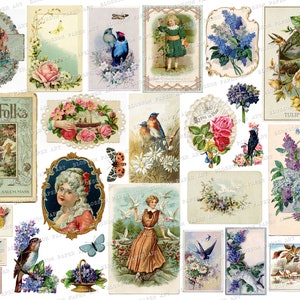 Blue Ephemera Junk journal Collage Sheet, Printable Ephemera, Vintage Cards, Digital Download 2447