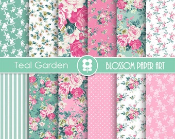 Teal & Pink Floral Digital Paper Pack: Scrapbooking, Decoupage (Digital Download)