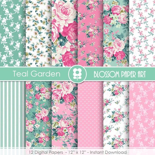 Teal Digital Paper, Pink Digital Papers, Floral Digital Scrapbooking Pack - Decoupage - 1930