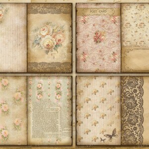 May include: A digital paper pack with eight vintage-style scrapbook paper designs. The papers feature floral patterns, stripes, lace, and text. The papers are in shades of cream, beige, and pink.