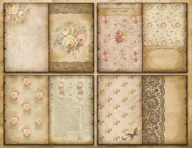 May include: A digital paper pack with eight vintage-style scrapbook paper designs. The papers feature floral patterns, stripes, lace, and text. The papers are in shades of cream, beige, and pink.