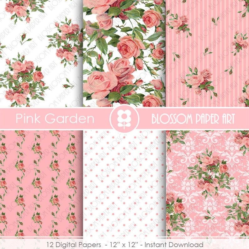 Pink Roses Digital Paper, Shabby Chic Pink Scrapbook Digital Paper Pack, Wedding Roses, Pink, Green INSTANT DOWNLOAD 1870 image 2