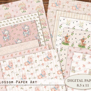 Papel Digital Coelho, Papel para Scrapbook de Bebê, 8,5x11 Papéis, Papel Digital Rosa, Chá de Bebê, Papéis de Berçário Scrapbooking Digital 2777 A4