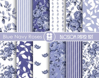 Blue Digital Paper Blue Navy Digital Paper Pack, Blue Roses, Scrapbooking, Roses, Blue Floral Papers - INSTANT DOWNLOAD  - 1794