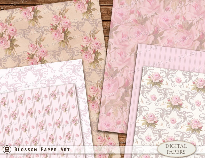 Pink Digital Paper Pack, Shabby Chic Roses Scrapbook Paper, Floral Collage Sheets, Pink Vintage Roses INSTANT DOWNLOAD 2852 2 image 2