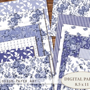 Papel digital azul, papel para álbum de recortes, folha de colagem floral, páginas de decoupage, Junk Journal Vintage Ephemera Digital Download 2728