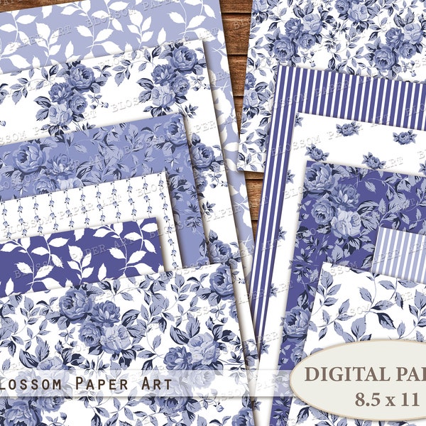 Blue Digital Paper, Scrapbook Paper, Floral Collage Sheet, Decoupage Pages, Junk Journal Vintage Ephemera Digital Download 2728