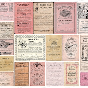 May include: A collage of vintage advertisements featuring various products and services. The ads are printed in black and white on a cream-coloured background with pink accents. Some of the products advertised include condensed milk, blankets, cod liver oil, and paint.