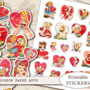 Vintage Valentine Stickers: Retro Kids, Hearts Collage (Digital Download)
