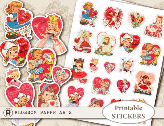 Valentine Stickers, Vintage Valentine Printable Stickers VINTAGE Stickers  Digital Collage, Digital Download Collage Sheet 2682 