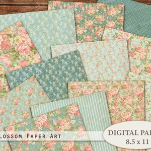 Floral Digital Paper, Vintage Scrapbook Paper A4, 8,5x11 Sheets, Blue Scrapbooking Papers, Digital Download, Printable Collage 2583