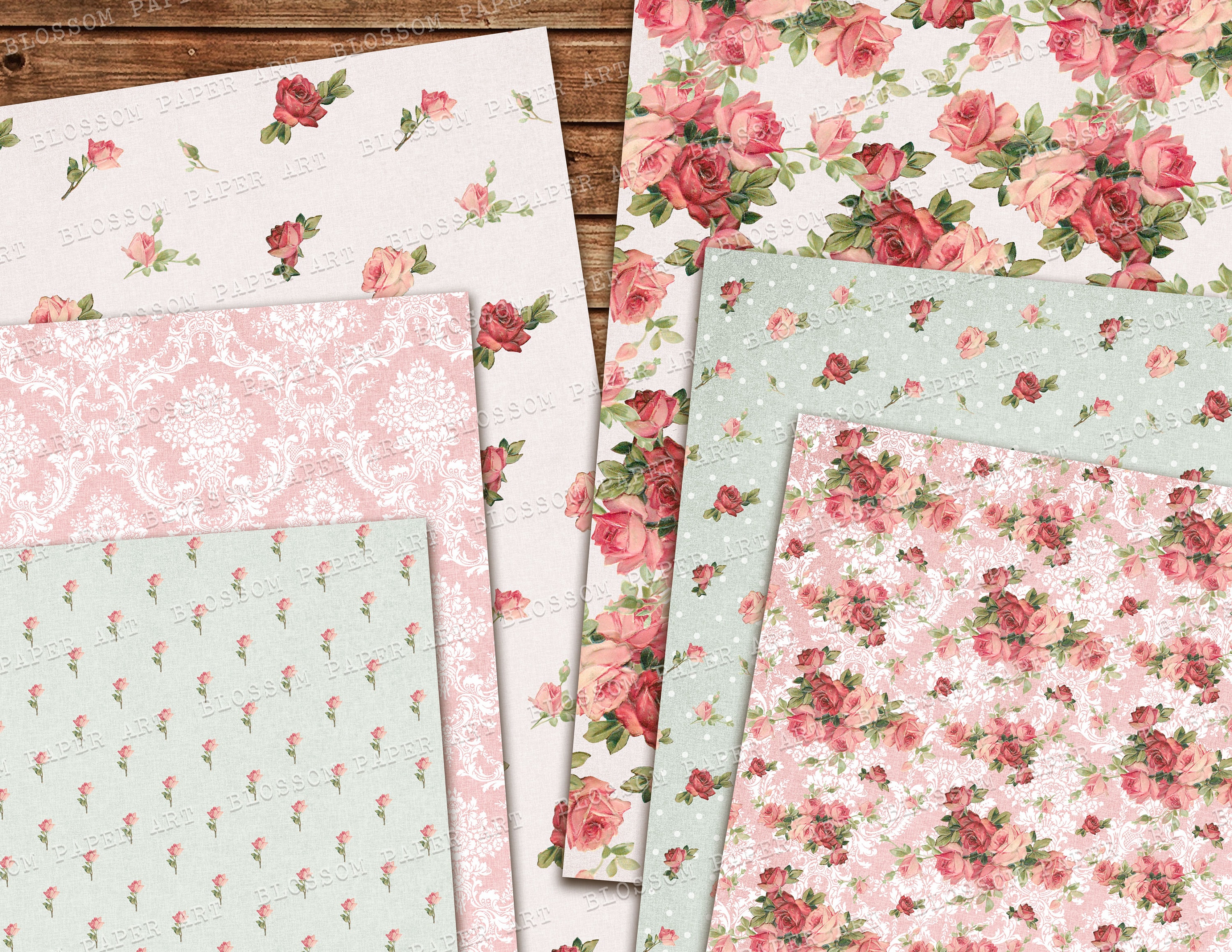 Shabby Chic Roses Digital Paper Pack: Vintage Floral Collage (instant ...