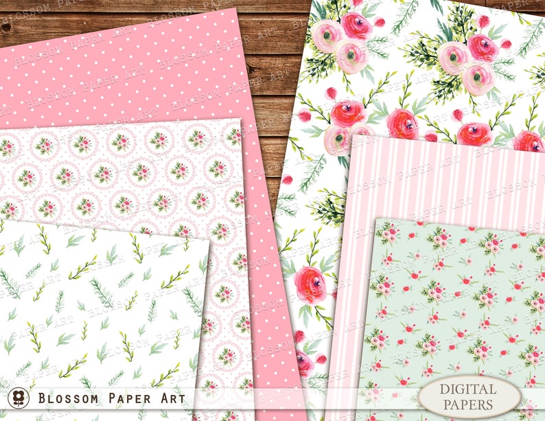 Pink Digital Paper Floral Scrapbook Paper Pack Shabby Etsy