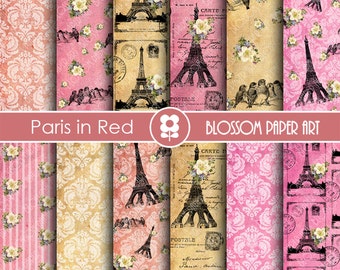 Paris Scrapbook Paper, Eiffel Tower Digital Paper Vintage Digital Paper Pack, Pink, Red, Scrapbooking - INSTANT DOWNLOAD - 1817