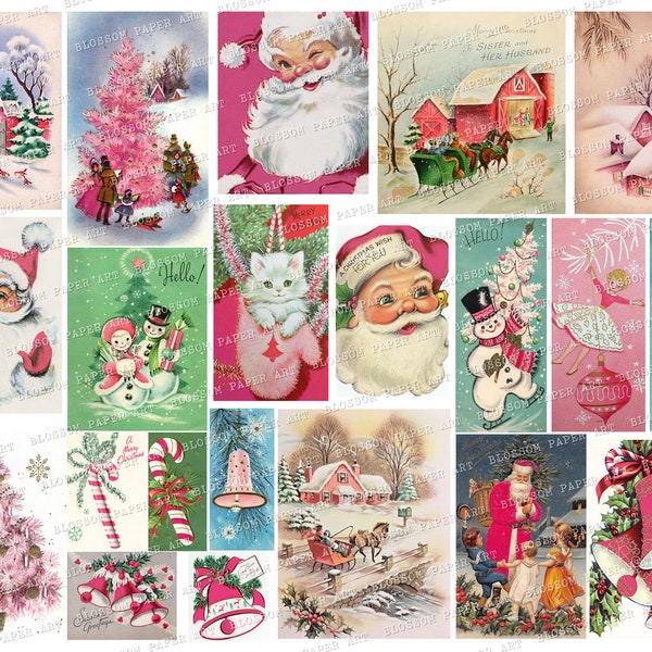 Pink CHRISTMAS Cards, Vintage Christmas Printable Collage Sheet, Digital Download - Vintage Digital Scrapbook Instant Download 2786