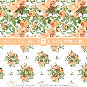 Puede incluir: Paquete de papel digital Peach Garden con 12 patrones florales con rosas de color melocot&oacute;n sobre un fondo blanco. El texto "Peach Garden" y "Blossom Paper Art" est&aacute; incluido en la imagen.