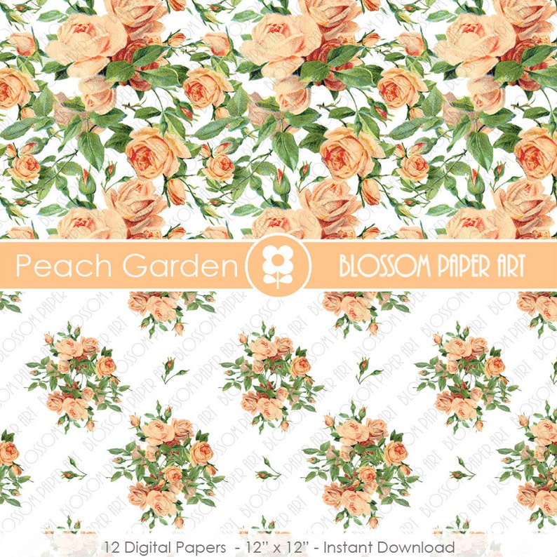 Puede incluir: Paquete de papel digital Peach Garden con 12 patrones florales con rosas de color melocot&oacute;n sobre un fondo blanco. El texto "Peach Garden" y "Blossom Paper Art" est&aacute; incluido en la imagen.