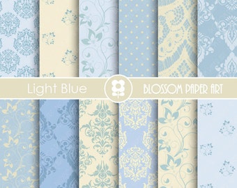 Light Blue Damask Floral Digital Paper Pack (Digital Download)