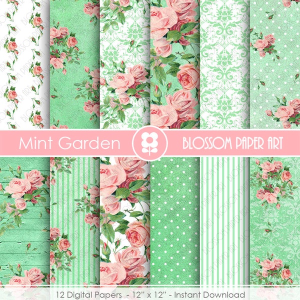 Roses in Mint Digital Paper, Garden Shabby Chic Digital Paper Pack, Wedding, Scrapbooking, Pink Vintage Roses - INSTANT DOWNLOAD  - 1868