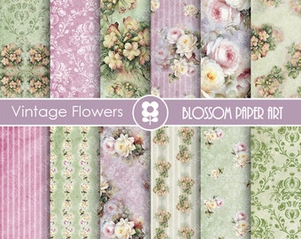 Carte digitali floreali, Roses Scrapbook Digital Paper Pack, Viola, Verde, VIntage Roses - Foglio collage - 1723