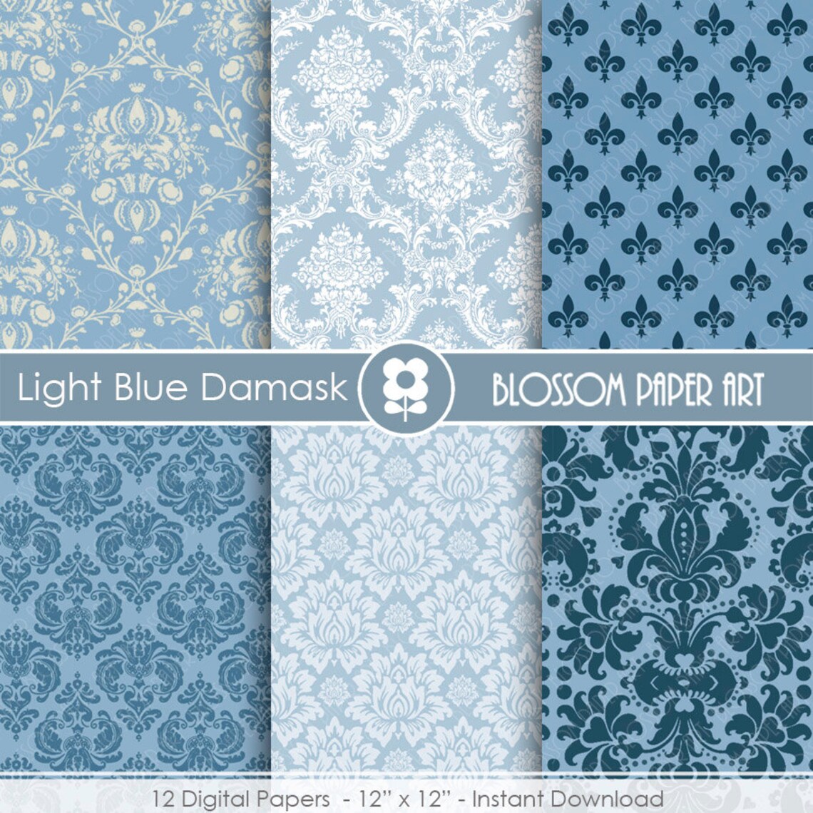 Damask Digital Paper Blue Damask Digital Paper Wedding Etsy