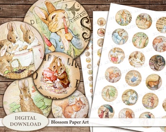 May include: A set of 36 digital printable round stickers featuring illustrations of Peter Rabbit and other characters from Beatrix Potter's children's books. The stickers are perfect for adding a touch of whimsy to crafts, gifts, and home decor.