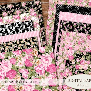 Florales Digitales Papier, Pink und Schwarz Digitales Papier, Scrapbook Papier, Junk Journal Digitale Papiere, Digitales Scrapbook 2009 A4
