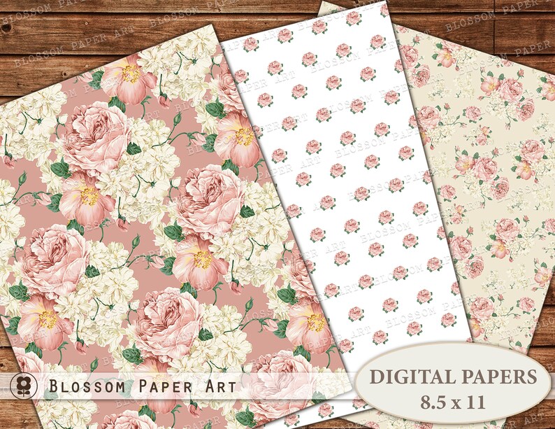 8.5x11 Digital Paper Pink Scrapbook Paper Floral Collage Etsy