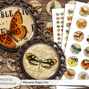 Butterflies Printable Circles Digital Collage Sheet 1,5 inches 1 inch 20mm 15mm 12mm Circles Printable Collage Sheet VIntage 2411