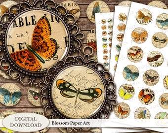 Butterflies Printable Circles Digital Collage Sheet 1,5 inches 1 inch 20mm 15mm 12mm Circles Printable Collage Sheet VIntage 2411