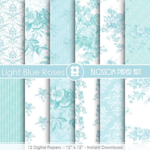 Light Blue Digital Paper, Floral Digital Paper Pack, Wedding Vintage Roses, Wedding, Scrapbooking, VIntage Roses - INSTANT DOWNLOAD  - 1698