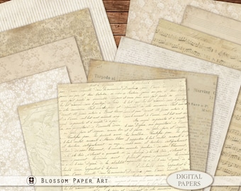May include: A set of 10 digital papers featuring vintage textures and patterns in shades of cream and beige. The papers include a striped pattern, a floral pattern, a handwritten letter, and a sheet of music.