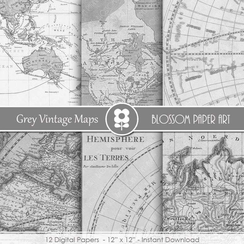 Grey Paper Map Vintage Grey Maps Digital Paper Pack: Scrapbooking (instant Download ...
