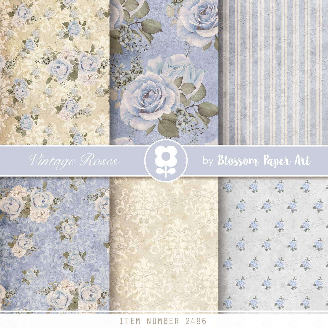 Vintage Digital Paper Blue Floral Papers Roses Digital Paper Etsy
