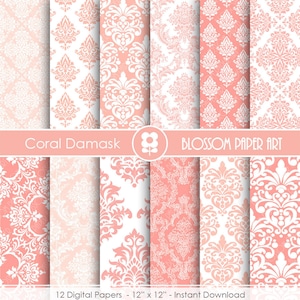 May include: Twelve digital papers with a coral damask pattern. Each paper is 12 inches by 12 inches. The papers are in a variety of shades of coral and white.