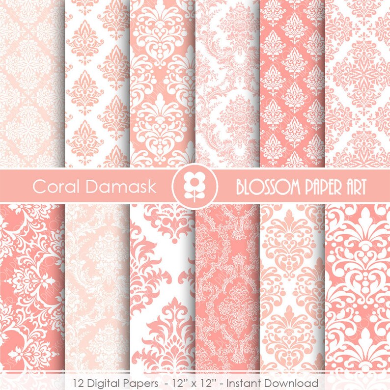 May include: Twelve digital papers with a coral damask pattern. Each paper is 12 inches by 12 inches. The papers are in a variety of shades of coral and white.