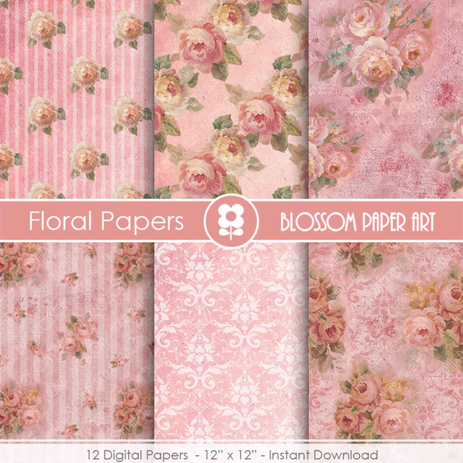 Rose Floral Digital Paper: Pink Scrapbook Designs (digital Download ...