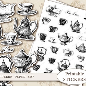 Vintage Tea Party Stickers: Teapots & Cups Collage Sheet (Digital Download)