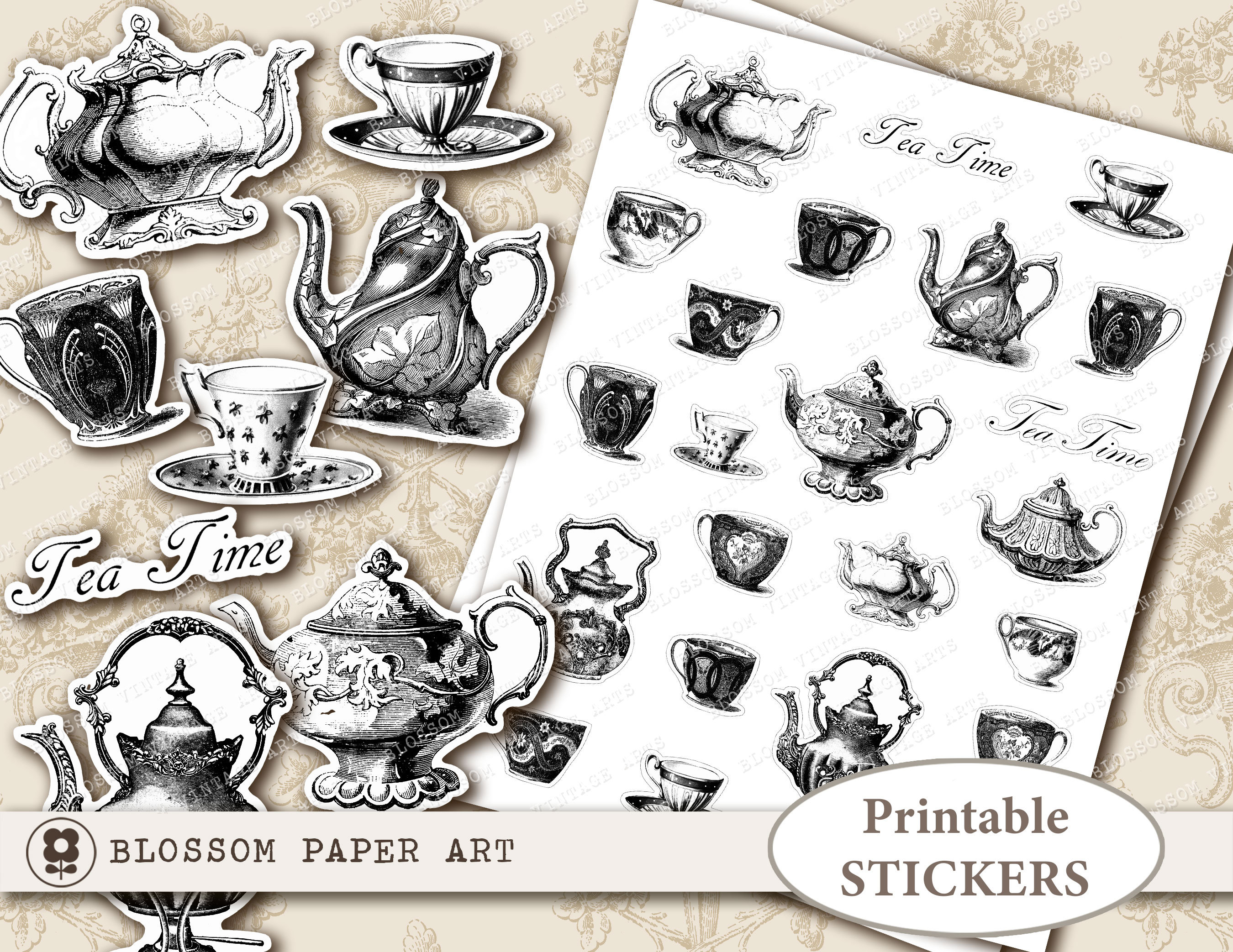 printable stickers tea time teapot cups vintage stickers etsy norway