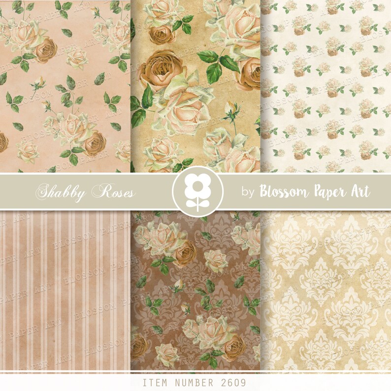 May include: A digital paper pack with six different patterns featuring shabby roses in shades of pink, brown, and white. The patterns include a floral pattern, a striped pattern, a damask pattern, and a solid pattern. The text "Shabby Roses" and "Blossom Paper Art" is included in the image.