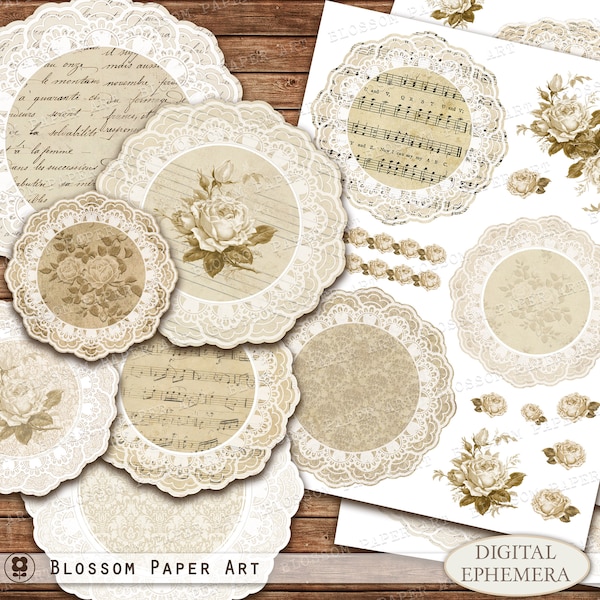 Printable Doily for Junk Journal Decoration, Ephemera, Rose Collage Sheet, Brown Decoupage Floral Images, Digital Download 2972